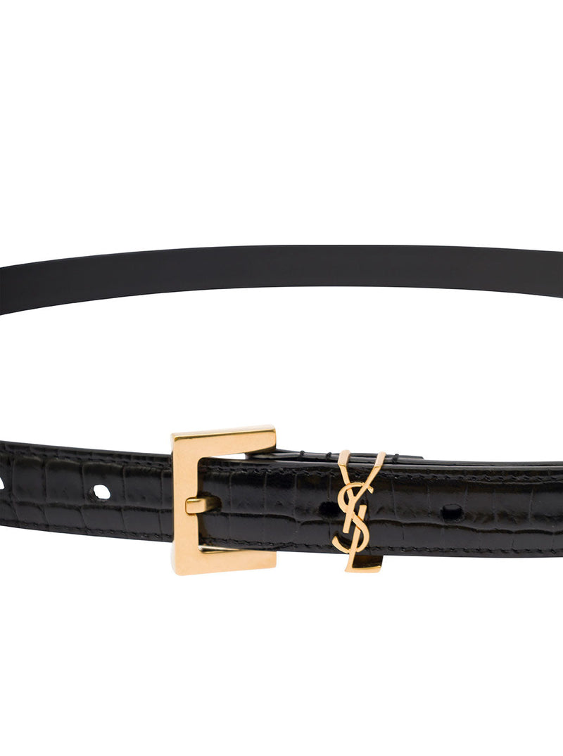 Saint Laurent Cassandre Belt — Black Crocodile-embossed Leather
