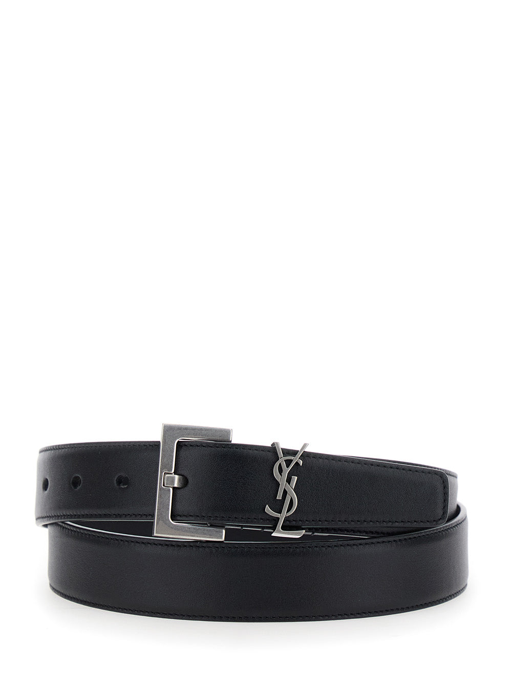 Saint Laurent Cassandre Plate Leather Belt — Black Calf