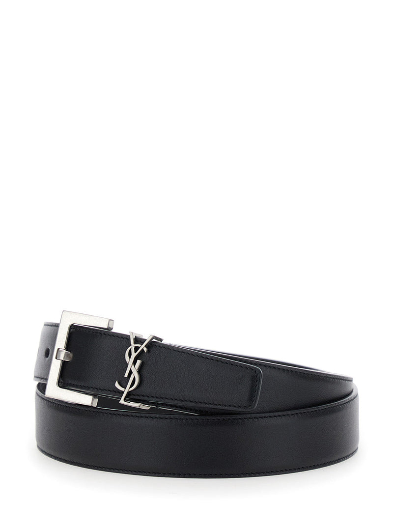 Saint Laurent Cassandre Plate Leather Belt — Black Calf