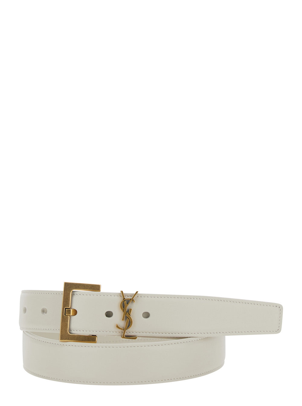 Saint Laurent Ysl Logo Plate Belt — White Calf Leather