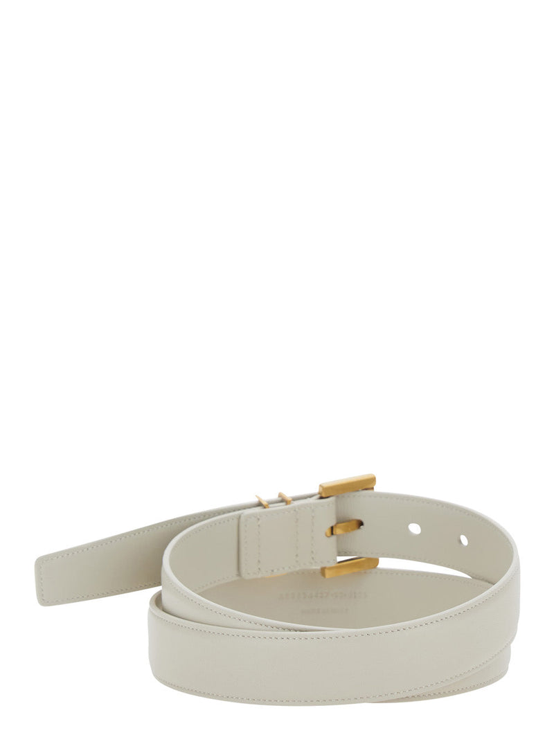 Saint Laurent Ysl Logo Plate Belt — White Calf Leather