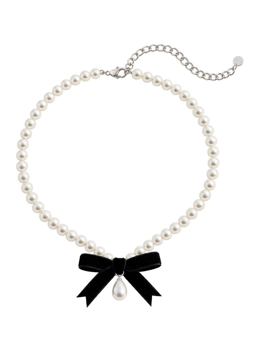 Self-Portrait Pearl And Black Bow Necklace — White Brass Necklaces