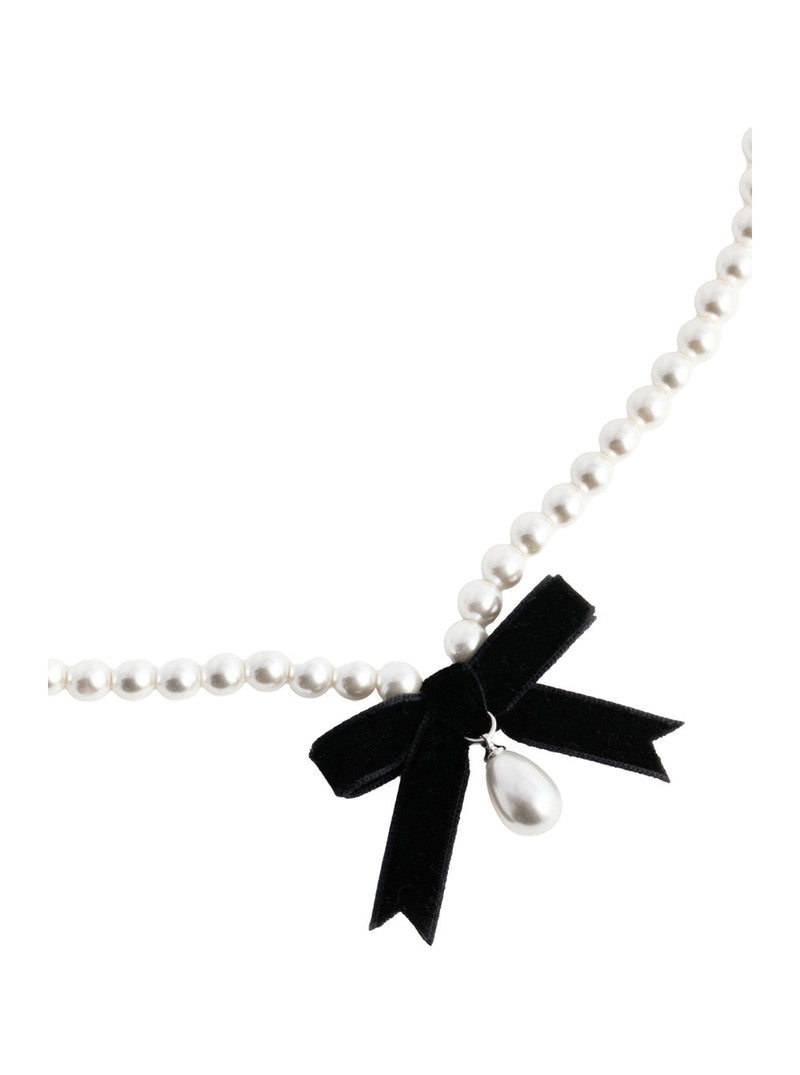 Self-Portrait Pearl And Black Bow Necklace — White Brass Necklaces
