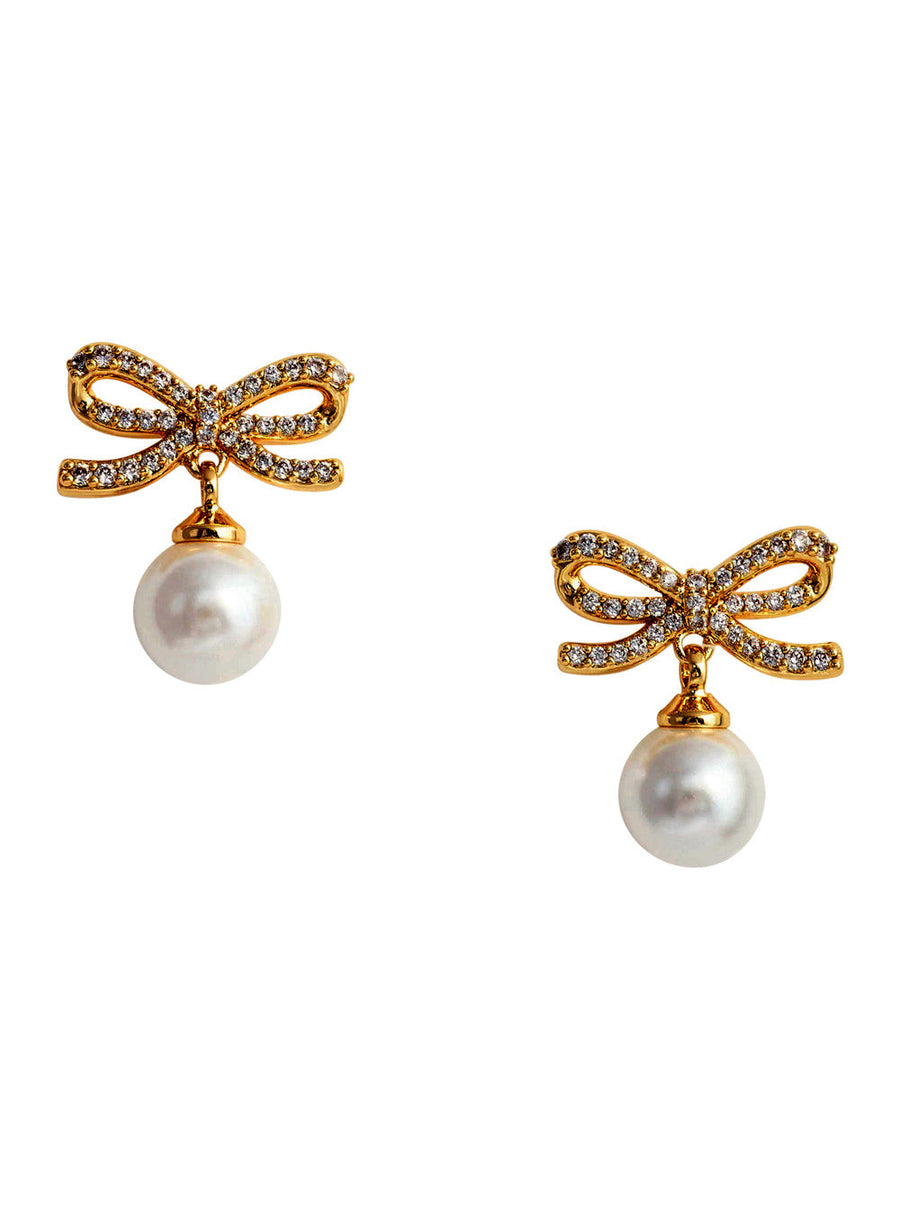 Self-Portrait Crystal-Embellished Bow With Pearl Earrings — Gold Gold-coloured Metal
