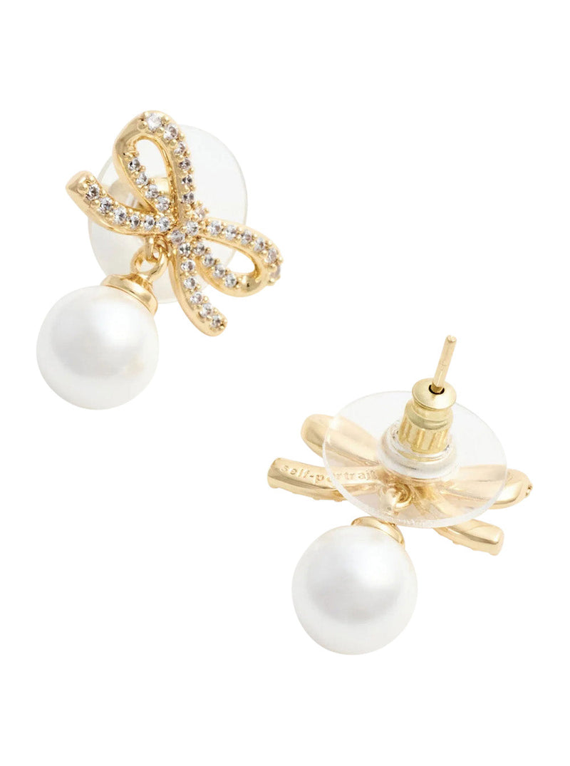 Self-Portrait Crystal-Embellished Bow With Pearl Earrings — Gold Gold-coloured Metal