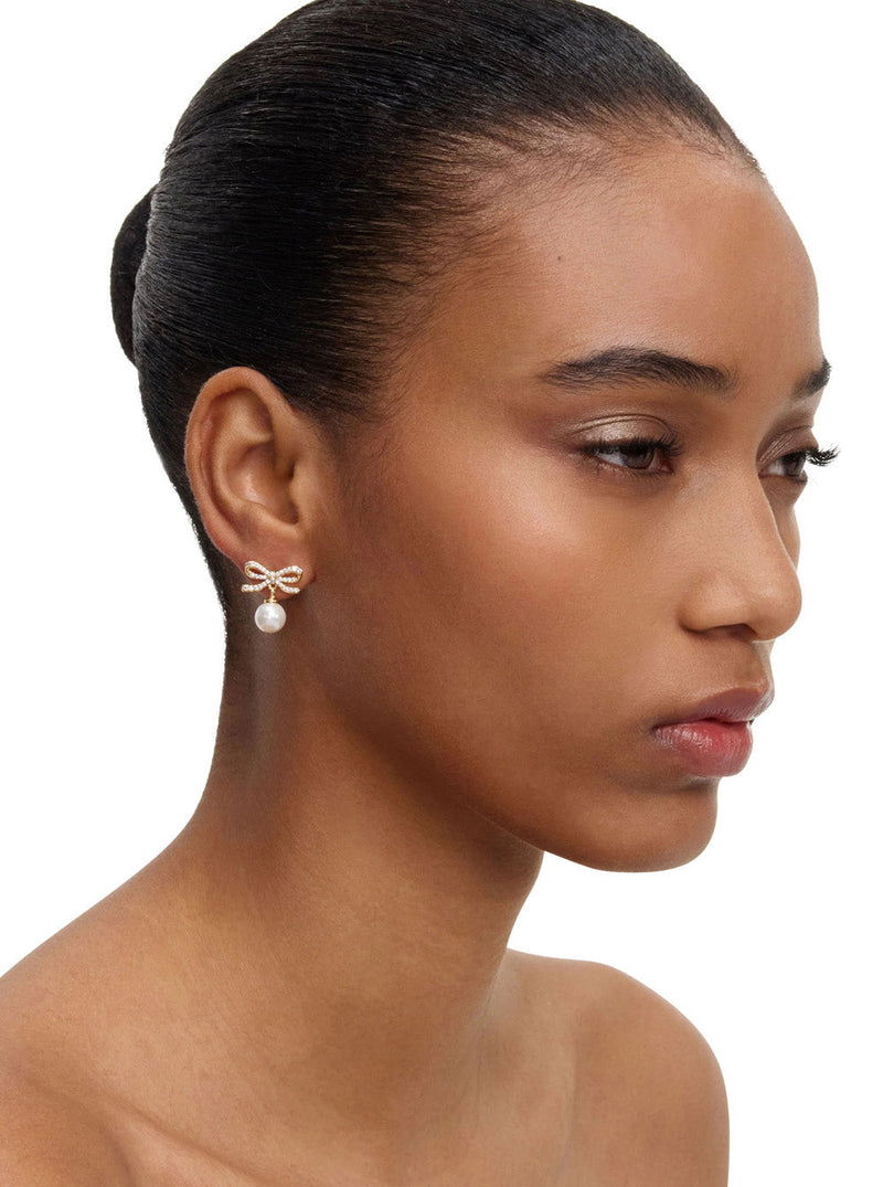 Self-Portrait Crystal-Embellished Bow With Pearl Earrings — Gold Gold-coloured Metal