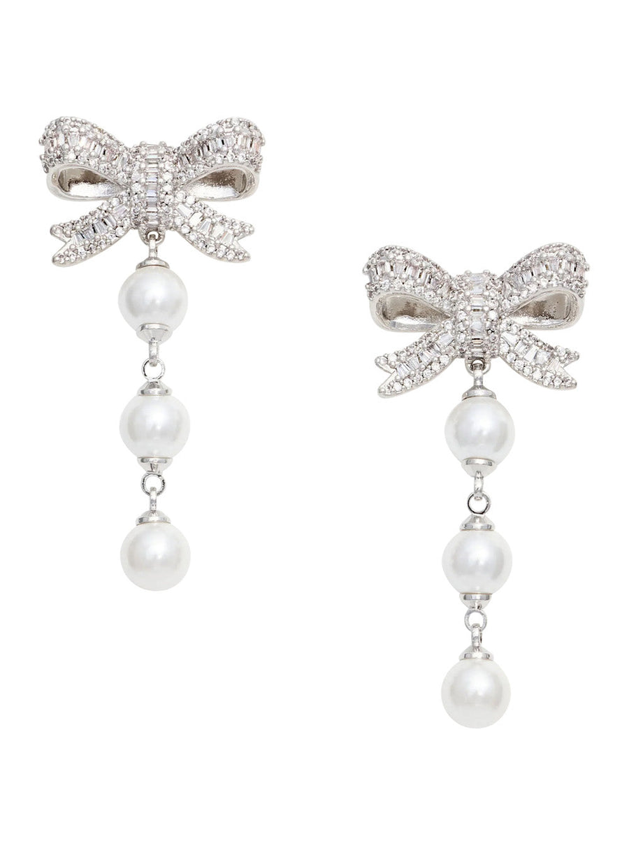 Self-Portrait Bow And Pearl Drop Earrings — Silver Metal