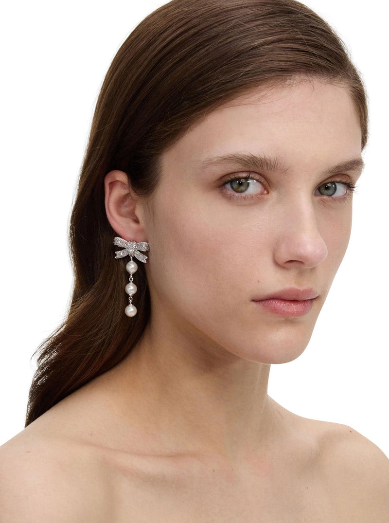 Self-Portrait Bow And Pearl Drop Earrings — Silver Metal