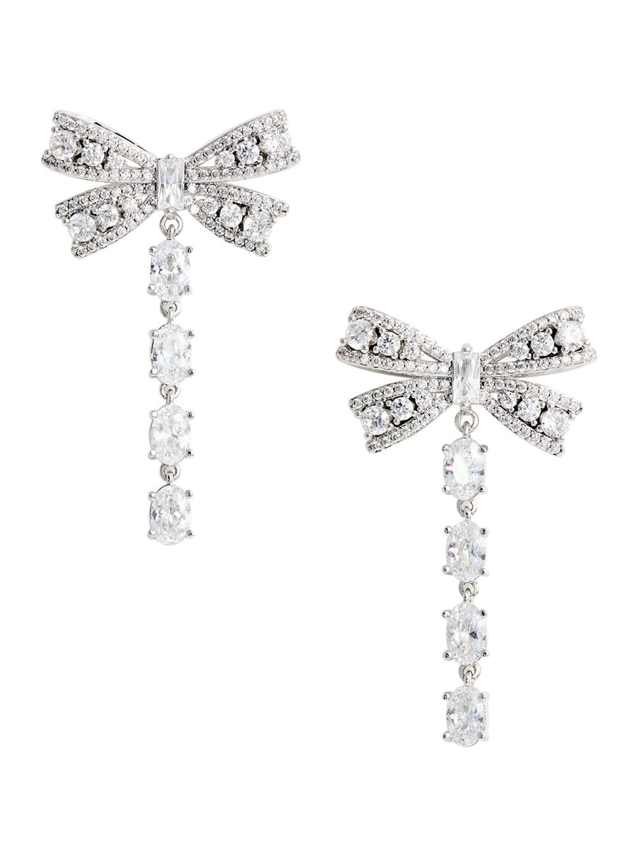 Self-Portrait Bow And Crystal Drop Earrings — Silver Metal