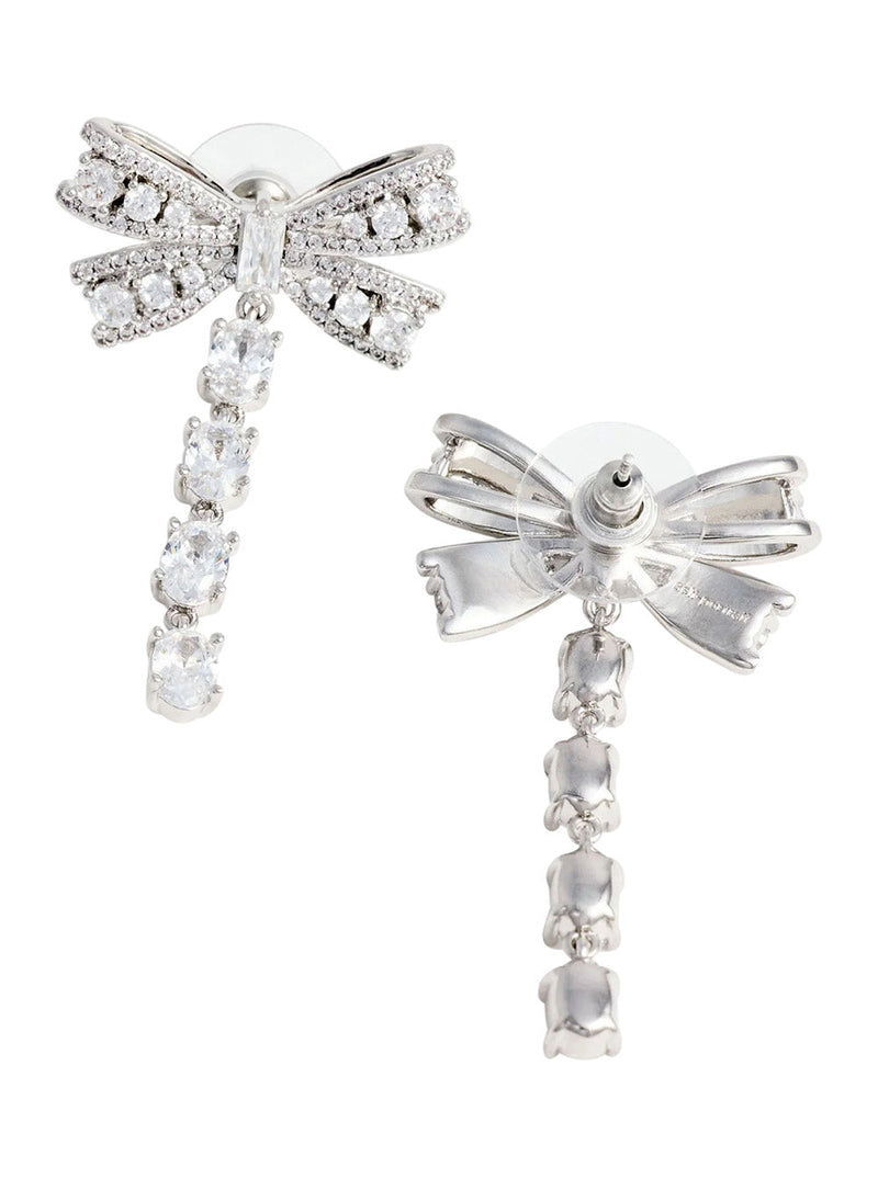 Self-Portrait Bow And Crystal Drop Earrings — Silver Metal