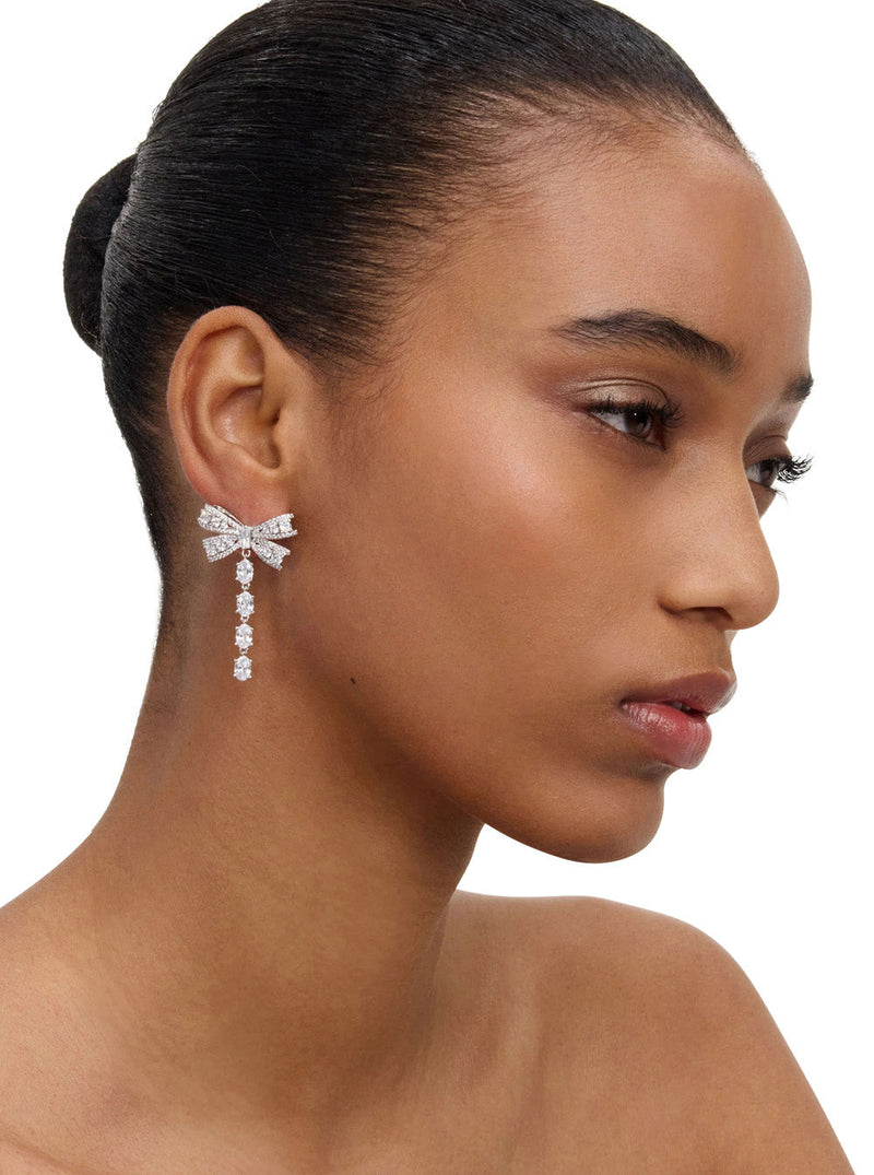 Self-Portrait Bow And Crystal Drop Earrings — Silver Metal