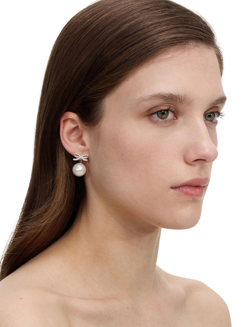 Self-Portrait Bow And Pearl Earrings — Silver Metal