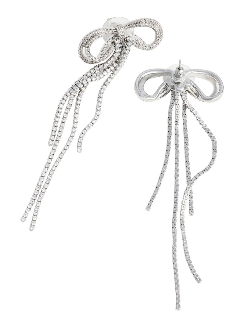 Self-Portrait Bow And Crystal Drop Earrings — Silver Metal