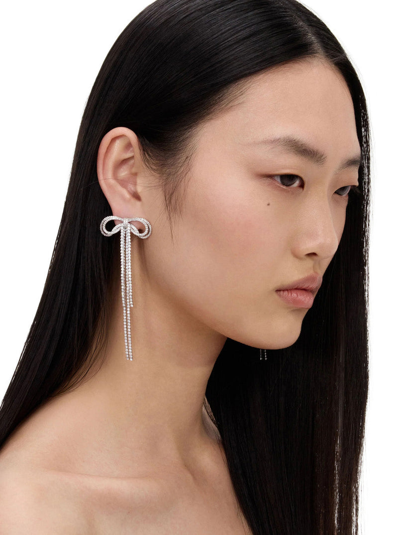 Self-Portrait Bow And Crystal Drop Earrings — Silver Metal