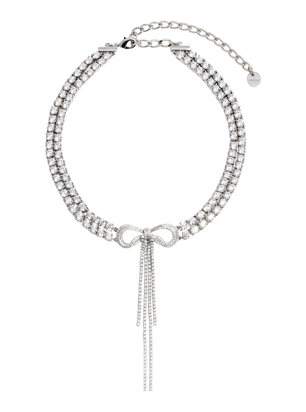Self-Portrait Crystal-Embellished Bow Choker Necklace — Silver Metal Necklaces