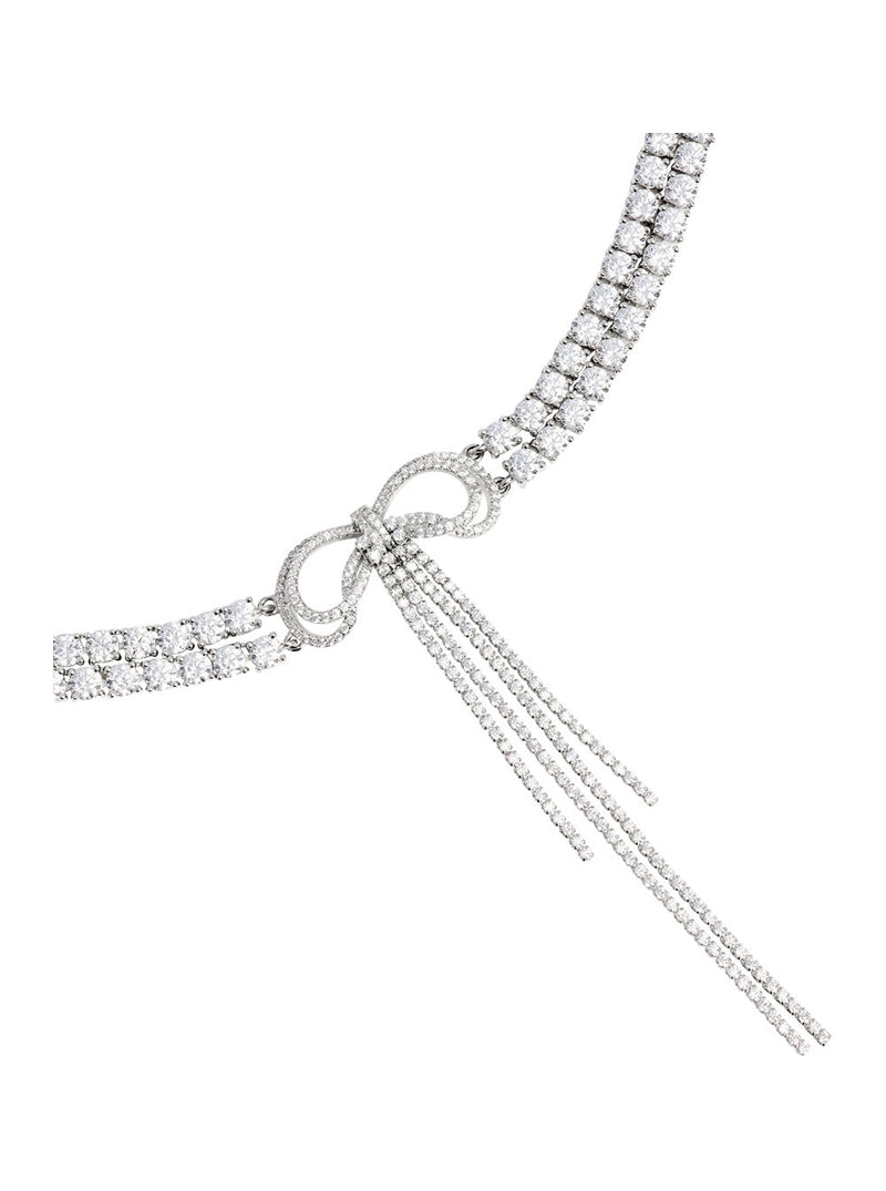 Self-Portrait Crystal-Embellished Bow Choker Necklace — Silver Metal Necklaces