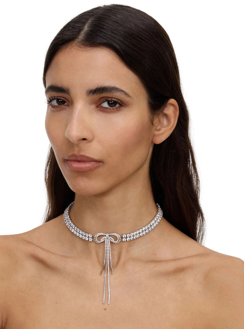 Self-Portrait Crystal-Embellished Bow Choker Necklace — Silver Metal Necklaces