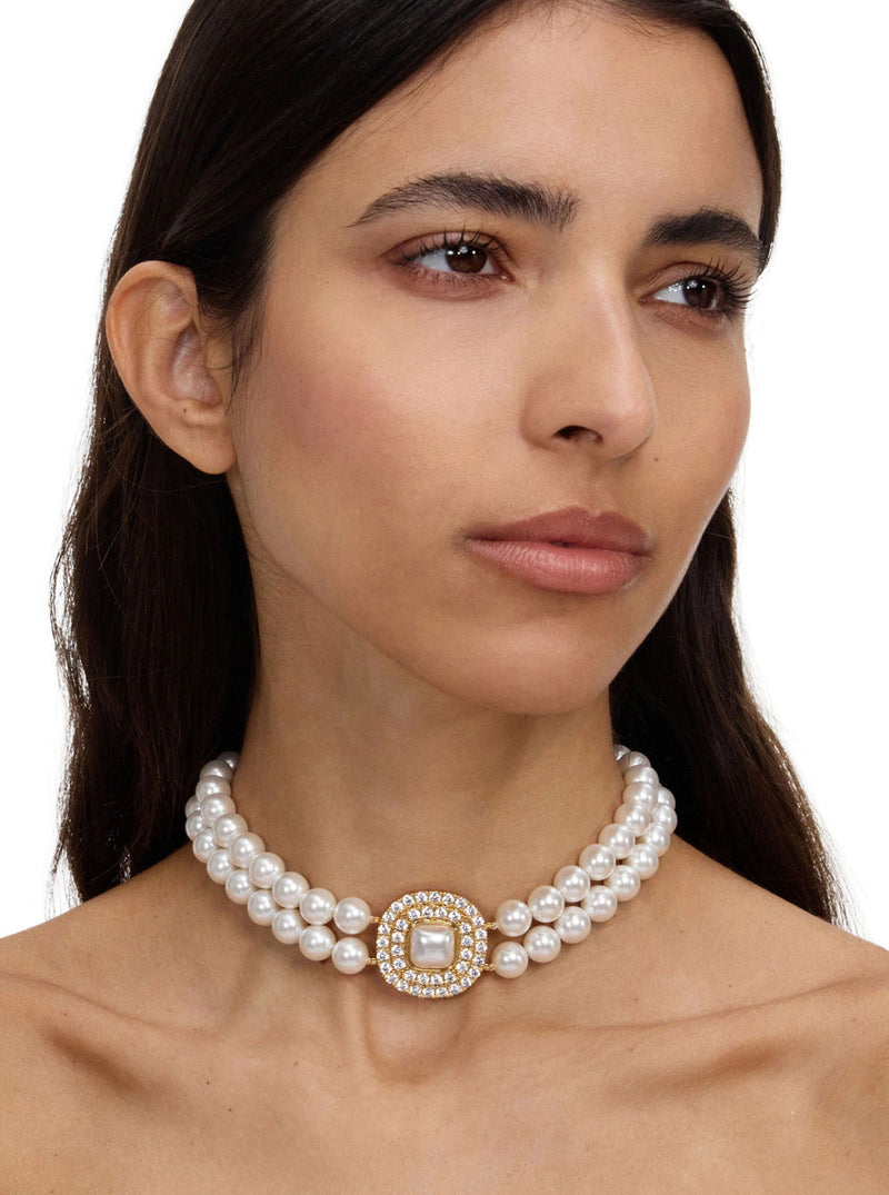 Self-Portrait Pearl And Crystal Choker Necklace — Gold Gold-plated Metal Necklaces