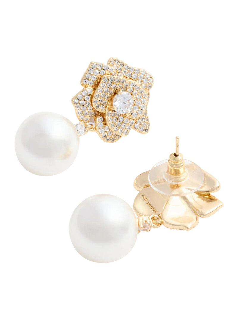 Self-Portrait Crystal-Embellished Flower Earrings — Gold Metal