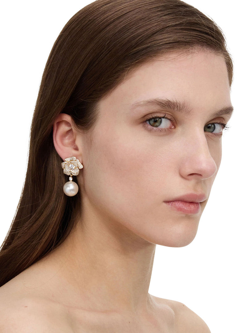 Self-Portrait Crystal-Embellished Flower Earrings — Gold Metal