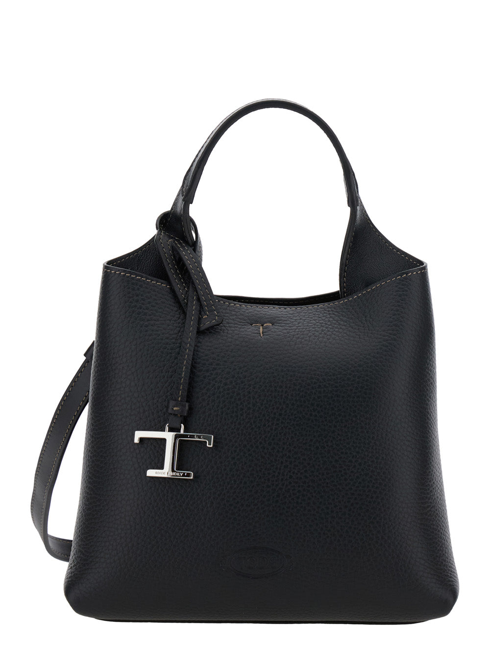 Tods Pebbled Leather Top Handle Bag — Black