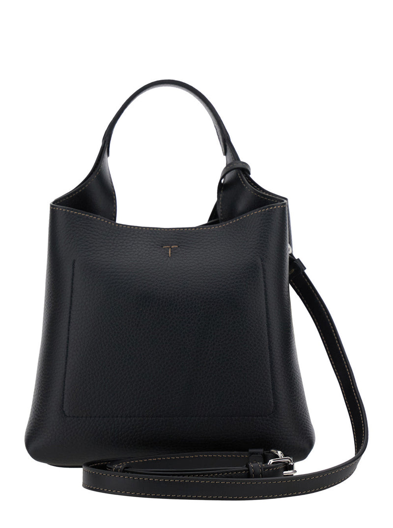 Tods Pebbled Leather Top Handle Bag — Black