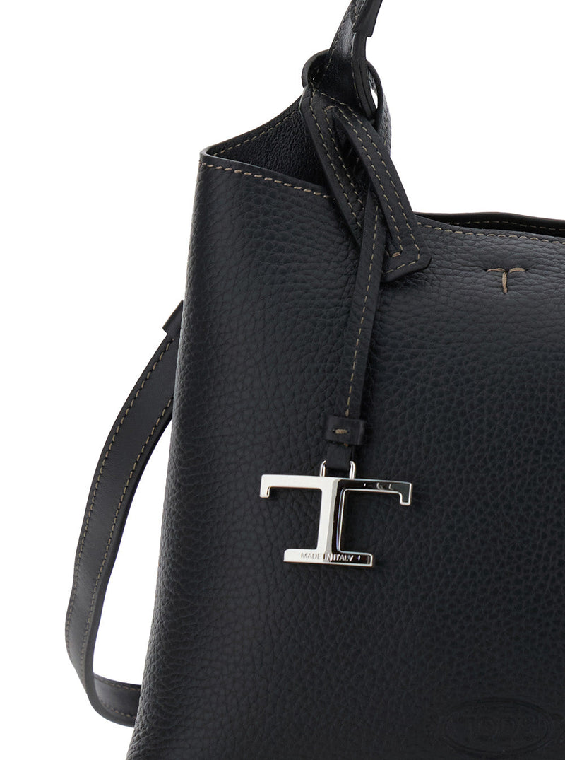 Tods Pebbled Leather Top Handle Bag — Black