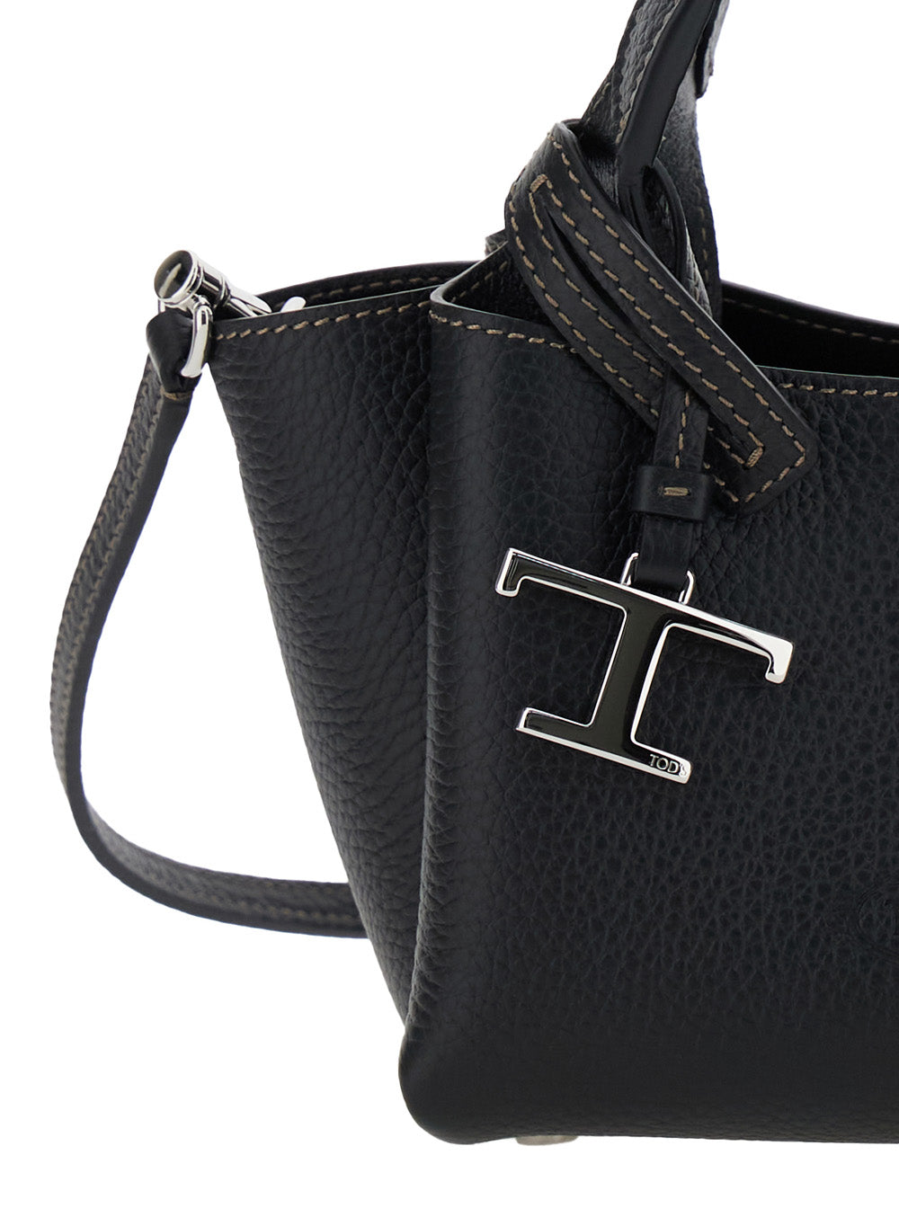Tods Calfskin Leather With Logo Pendant Top Handle Bag — Black
