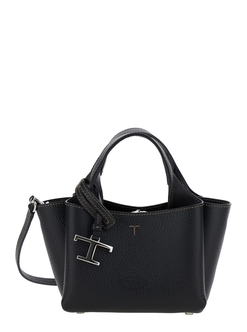 Tods Calfskin Leather With Logo Pendant Top Handle Bag — Black