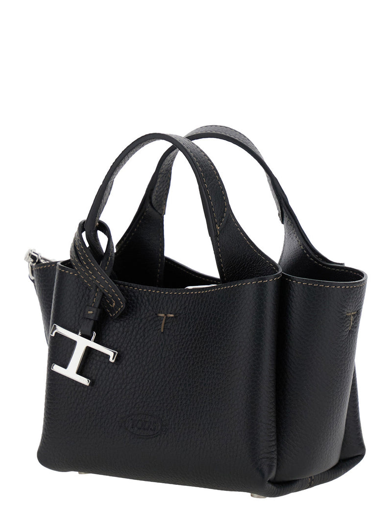 Tods Calfskin Leather With Logo Pendant Top Handle Bag — Black