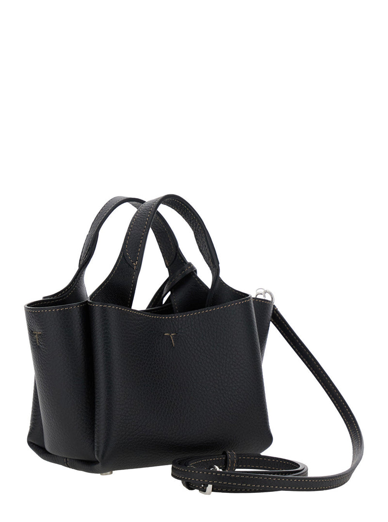 Tods Calfskin Leather With Logo Pendant Top Handle Bag — Black