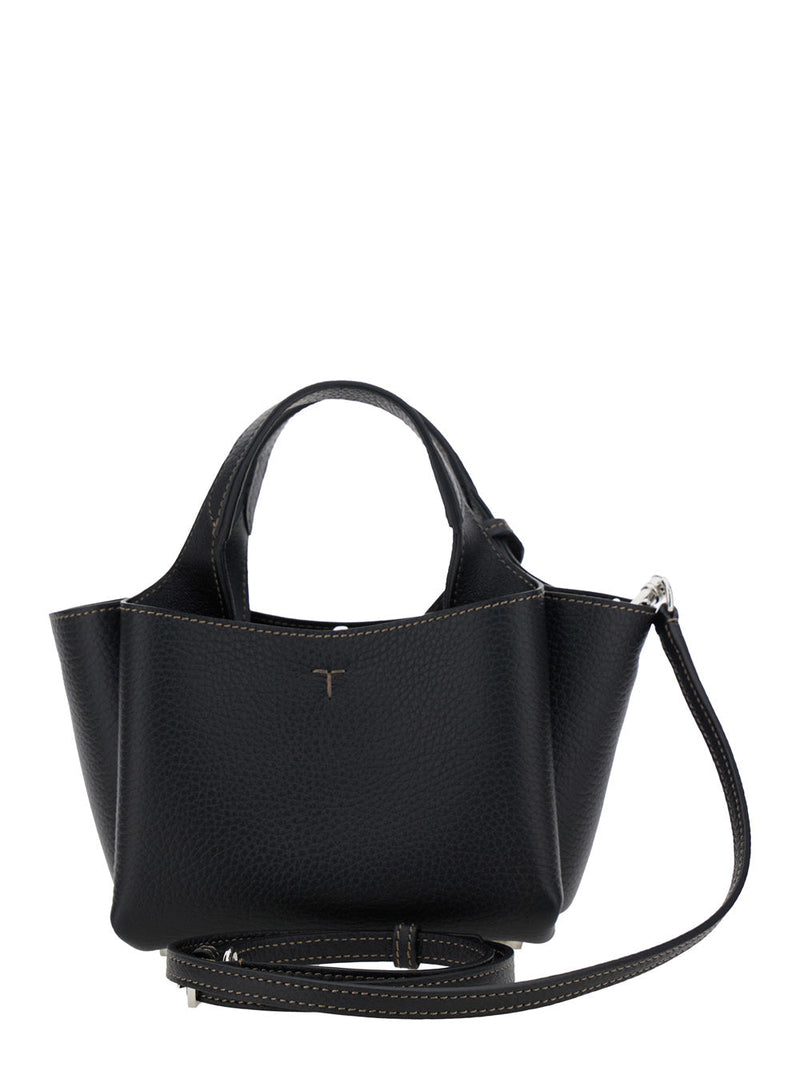 Tods Calfskin Leather With Logo Pendant Top Handle Bag — Black