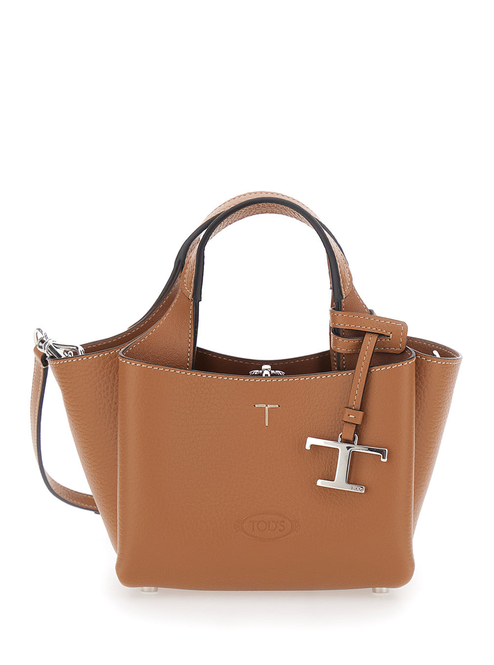 Tods Grained Calfskin Leather Top Handle Bag — Brown