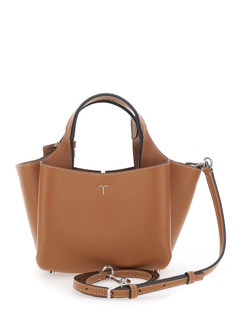 Tods Grained Calfskin Leather Top Handle Bag — Brown
