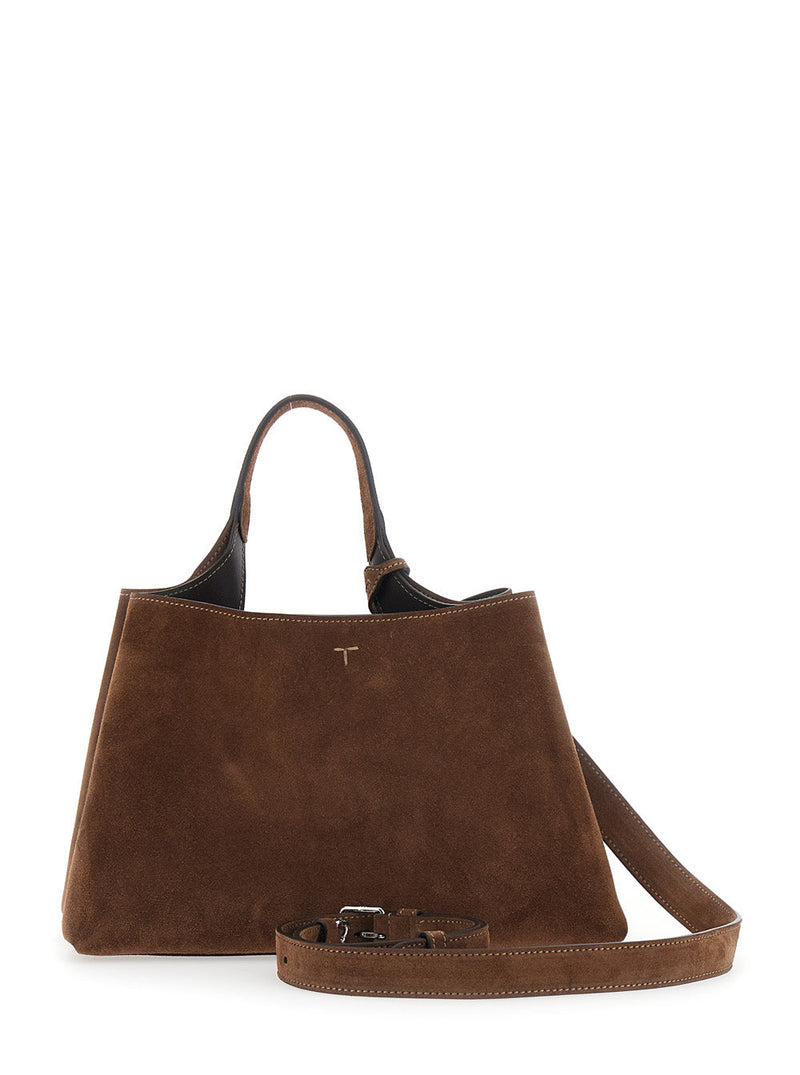 Tods Suede Top Handle Shoulder Bag — Brown Calf Leather