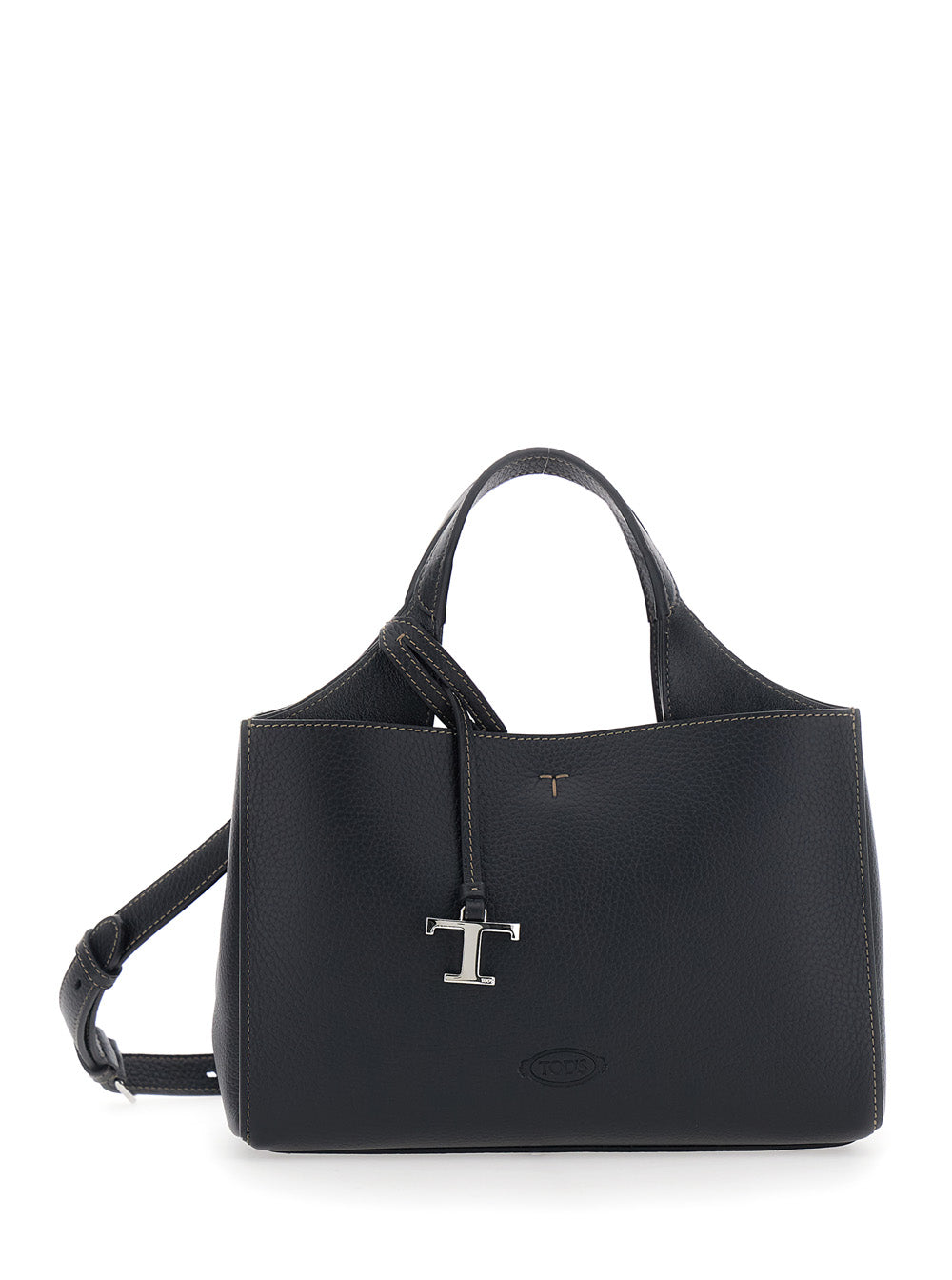 Tods T-Plate Top Handle Bag — Black Calf Leather