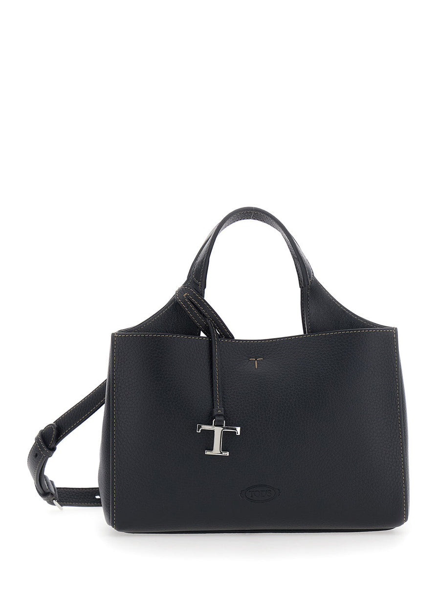 Tods T-Plate Top Handle Bag — Black Calf Leather