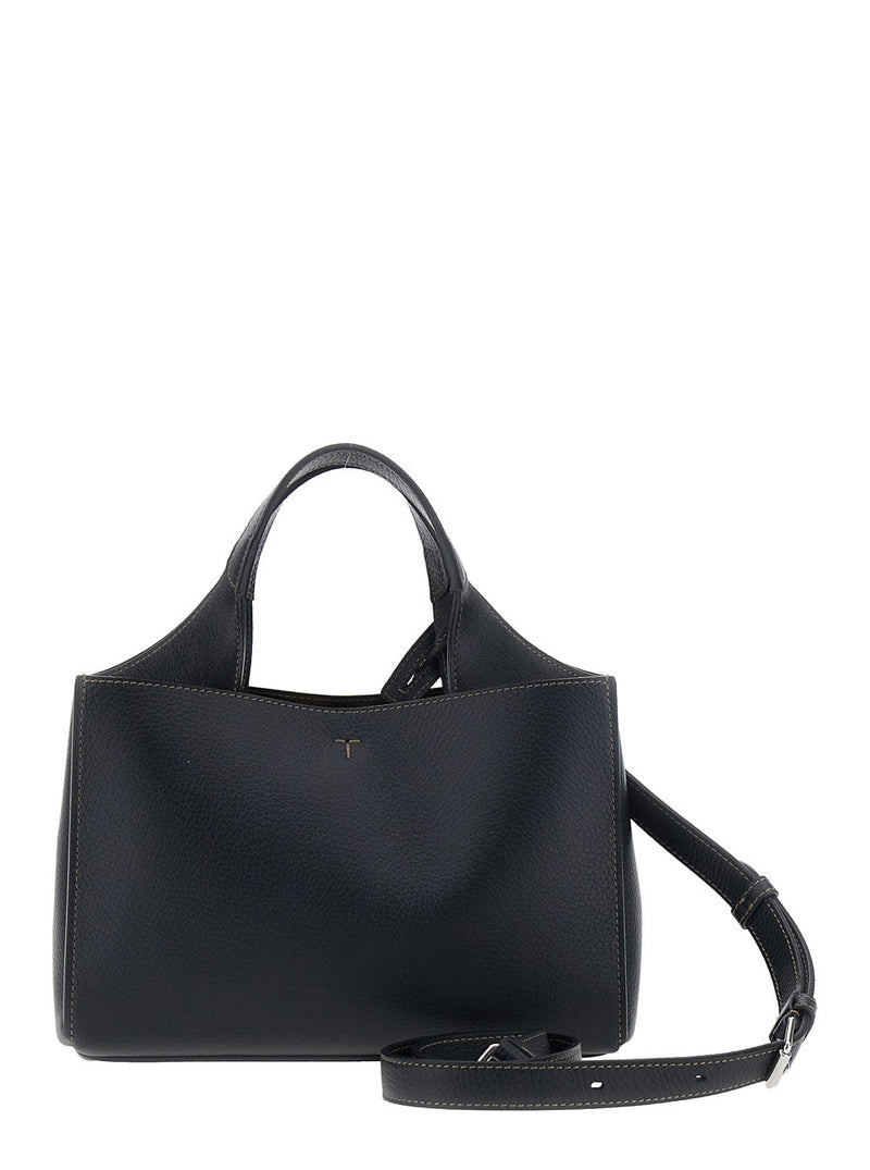 Tods T-Plate Top Handle Bag — Black Calf Leather