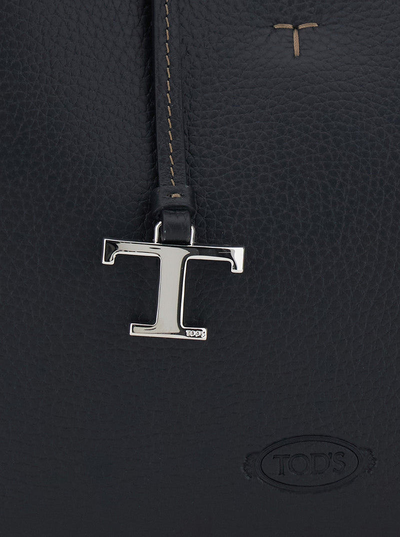 Tods T-Plate Top Handle Bag — Black Calf Leather