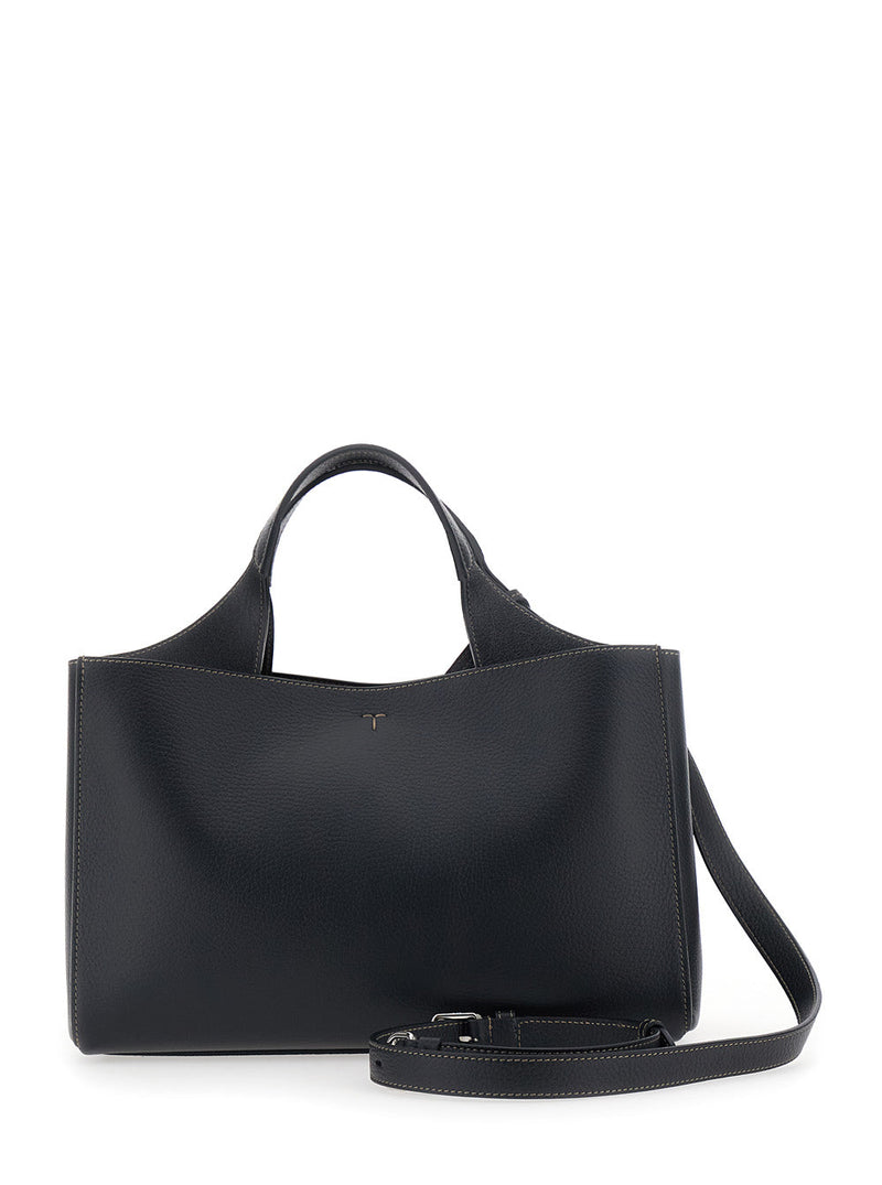Tods Calf Leather With T Plate Top Handle Bag — Black