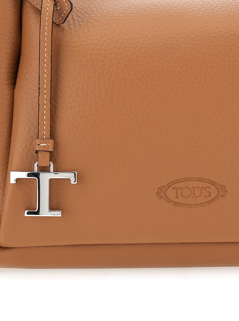 Tods Calfskin Leather With T Plaque Shoulder Bag — Brown Calf