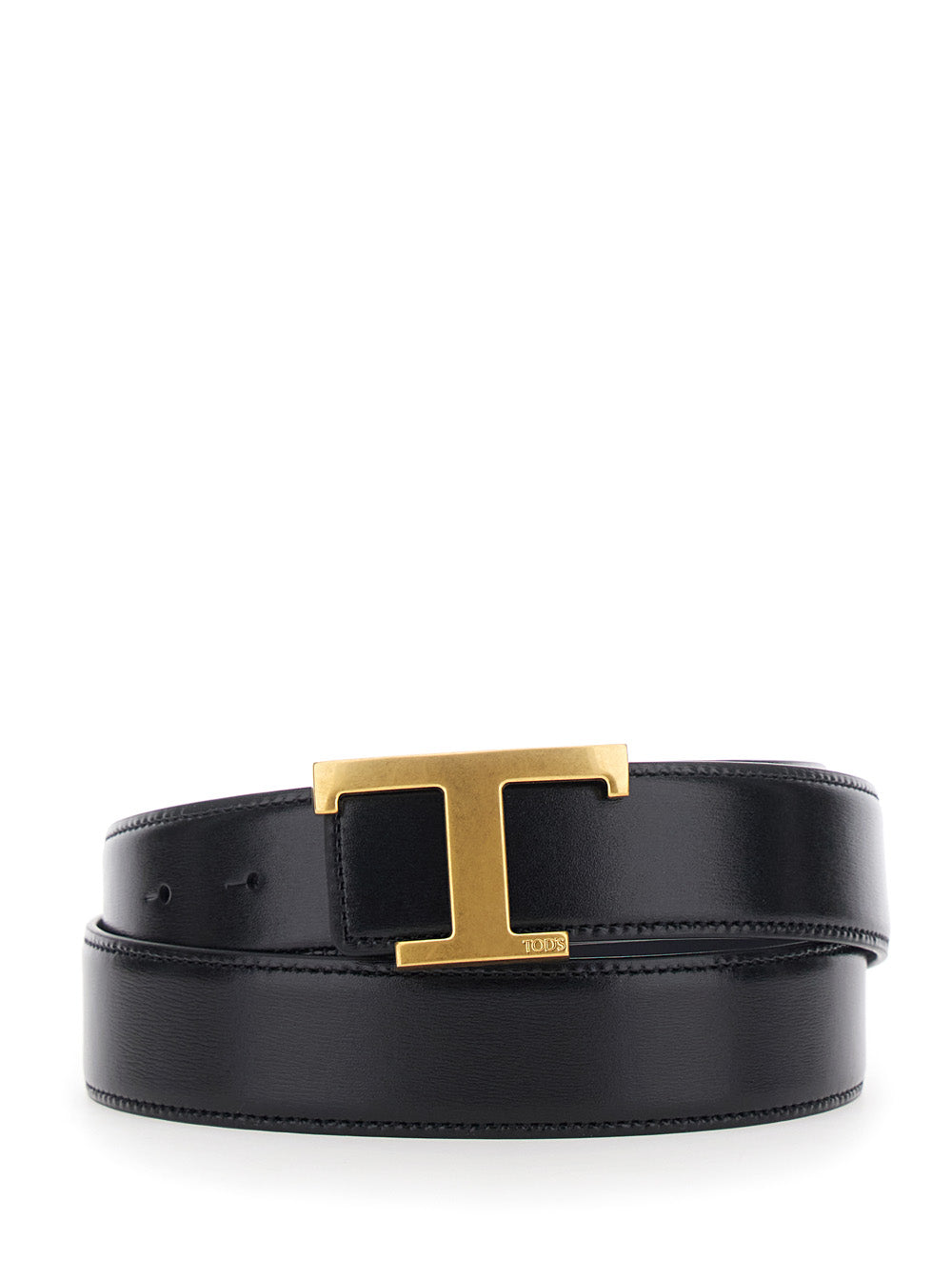 Tods Leather T-Buckle Belt — Black Calf
