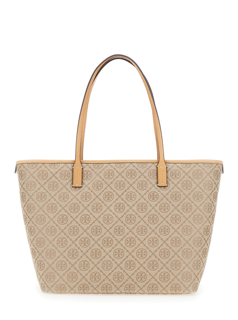 Tory Burch Logo-Monogram Canvas Tote Bag — Beige Cotton