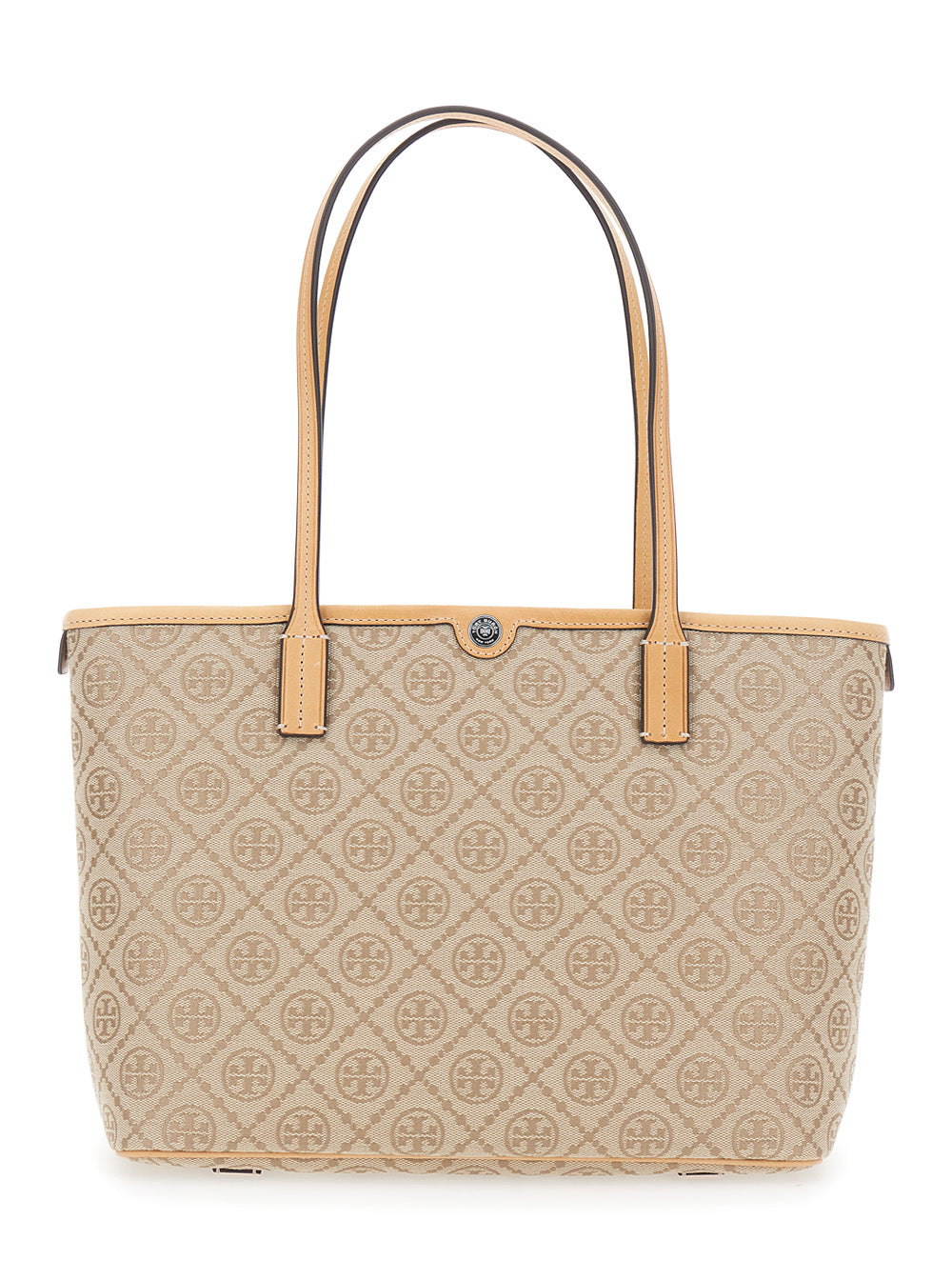 Tory Burch Logo Monogram Jacquard Canvas Tote Bag — Beige Cotton