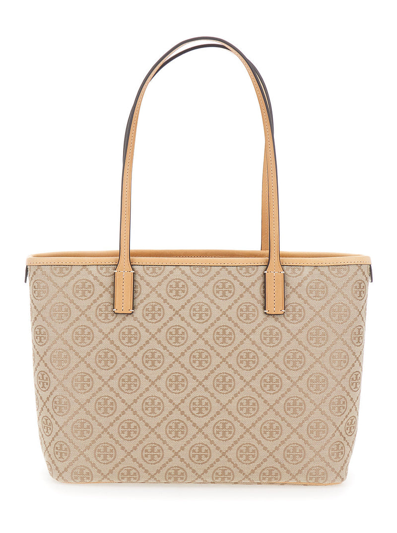 Tory Burch Logo Monogram Jacquard Canvas Tote Bag — Beige Cotton