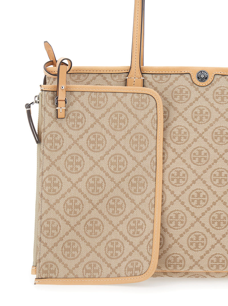 Tory Burch Logo Monogram Jacquard Canvas Tote Bag — Beige Cotton