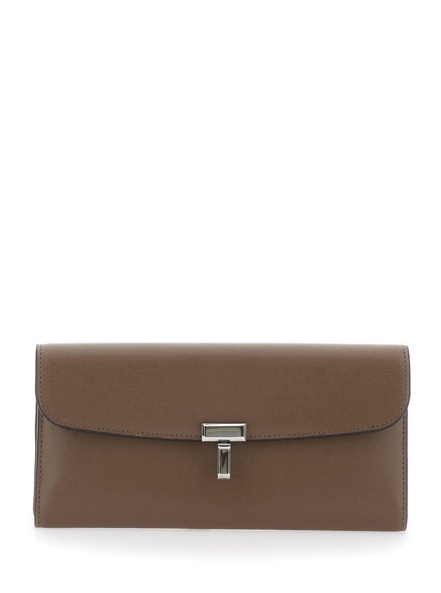 Toteme T-Lock Leather Wallet — Beige