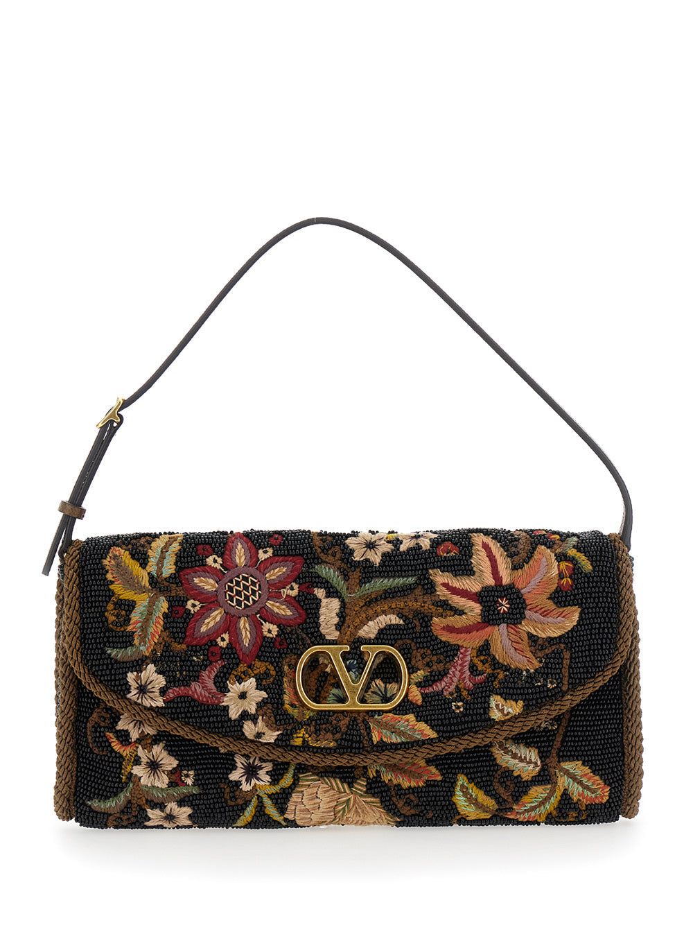 Valentino Garavani Floral-Embroidered Silk Shoulder Bag — Black