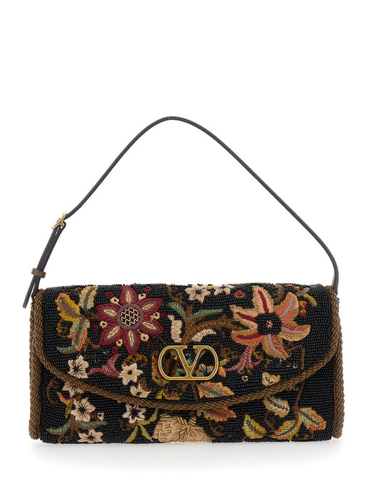 Valentino Garavani Floral-Embroidered Silk Shoulder Bag — Black