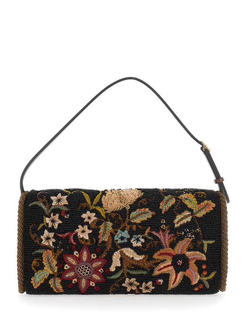 Valentino Garavani Floral-Embroidered Silk Shoulder Bag — Black